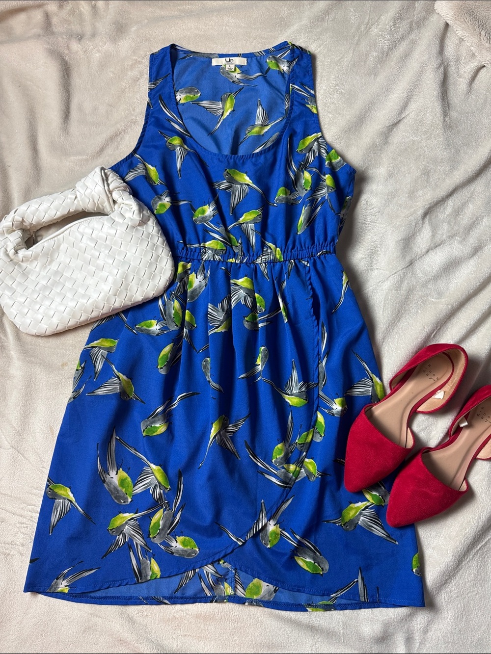 Ya Los Angeles Cobalt Blue Sleeveless Mini Dress with Green & White Bird Print